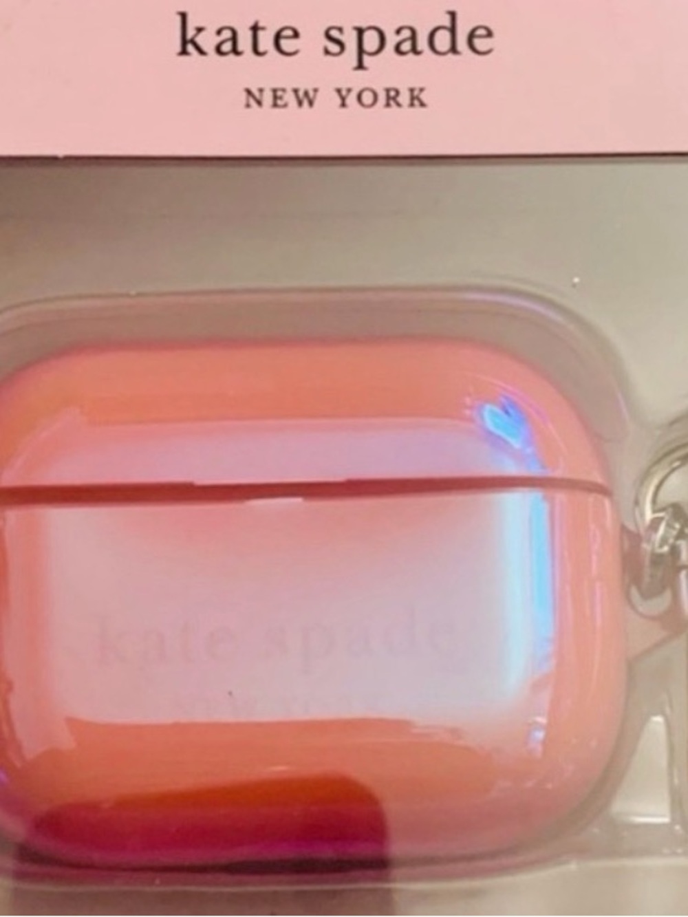 Kate Spade AirPod Case Pink Grapefruit Holographic Carabine Charging Support NEW - Picture 2 of 2